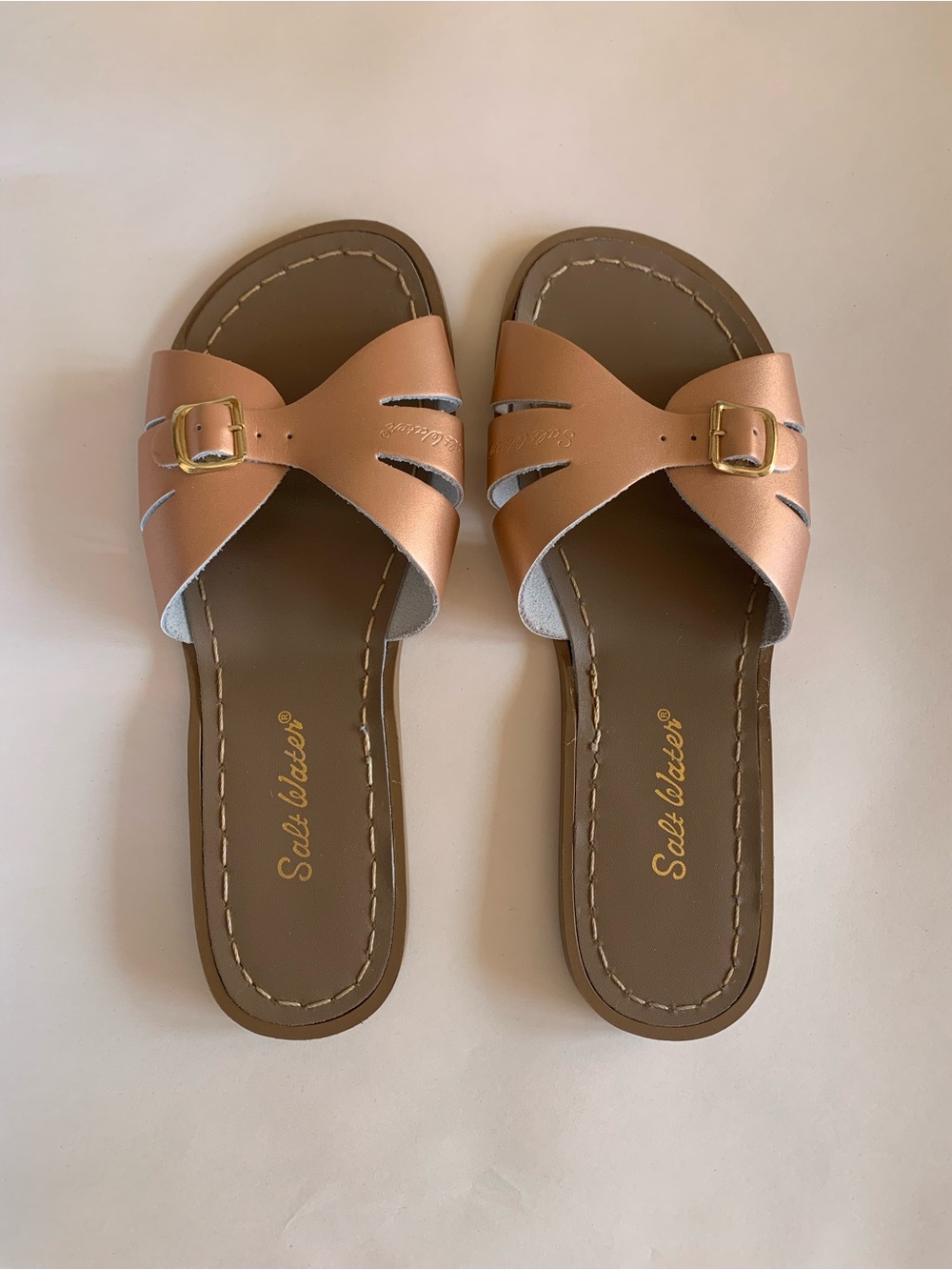 Saltwater Sandals by Hoy Rose Gold Slide Sandals with Gold Buckles